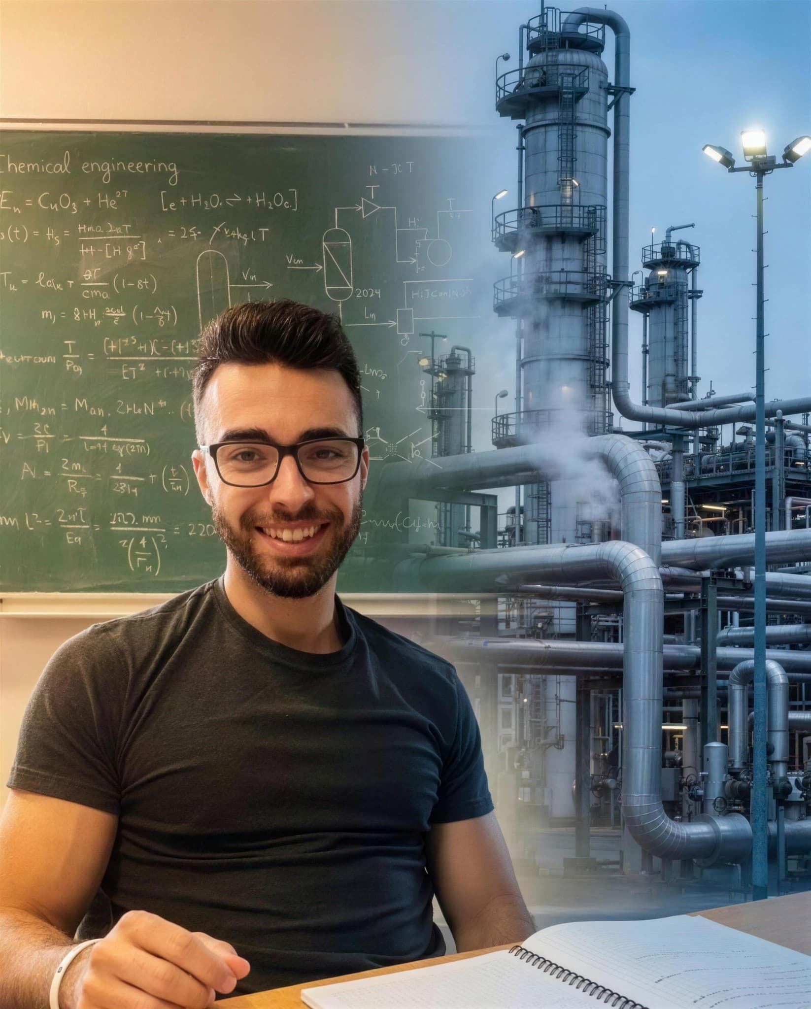 Moi pendant mes études de génie et d’industrie pétrochimique, devant un tableau d’équations
